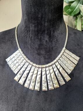 Silver Tone Hammered Geometric Bib Statement Necklace Fan Collar Jewelry